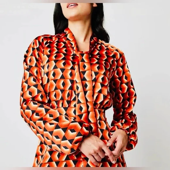 Worthington Long Sleeve Geometric Fit + Flare Dress Pockets! Size Small New - Picture 2 of 9